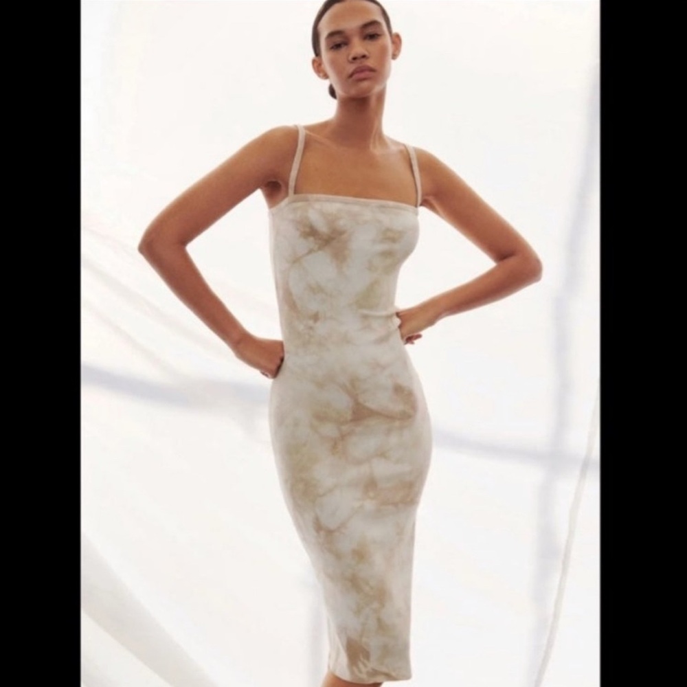 Zara Beige white‎ Tie Dye Midi Ribbed Knit Spaghetti Strap Dress small